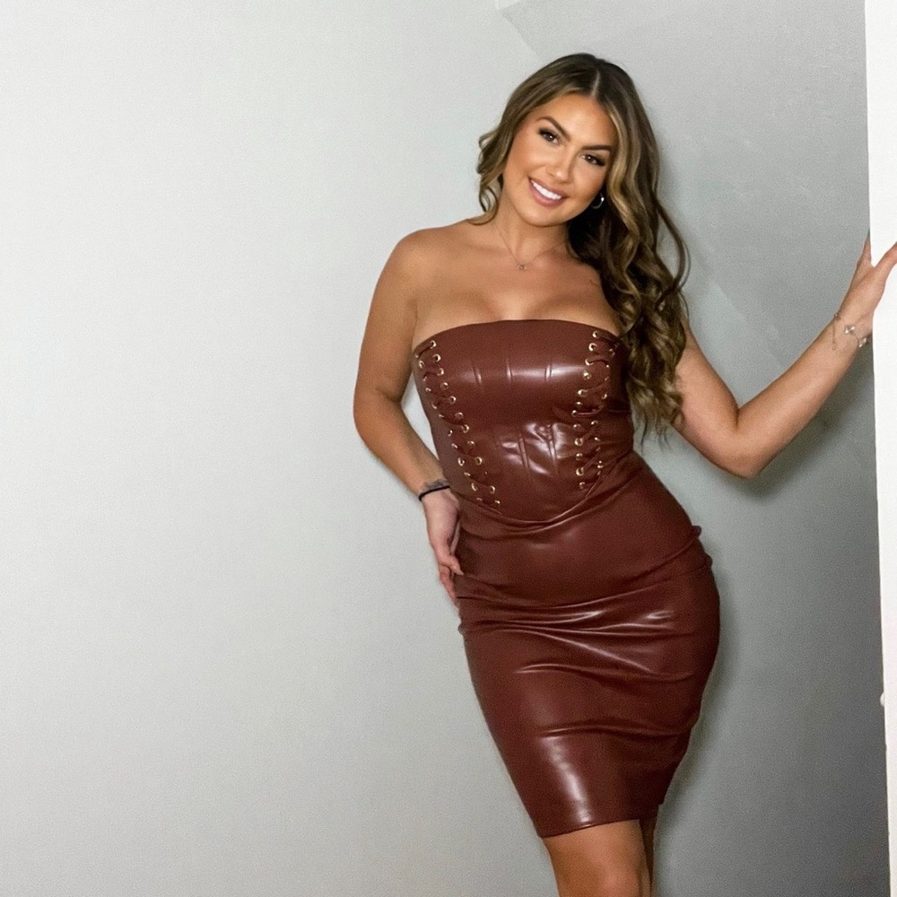 Bebe Leather Corset Midi Dress